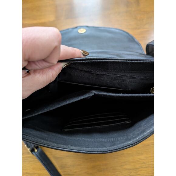 Black Leather Crossbody Bag Gold Wishbone Clasp Vintage Adjustable Antonia - Picture 7 of 8